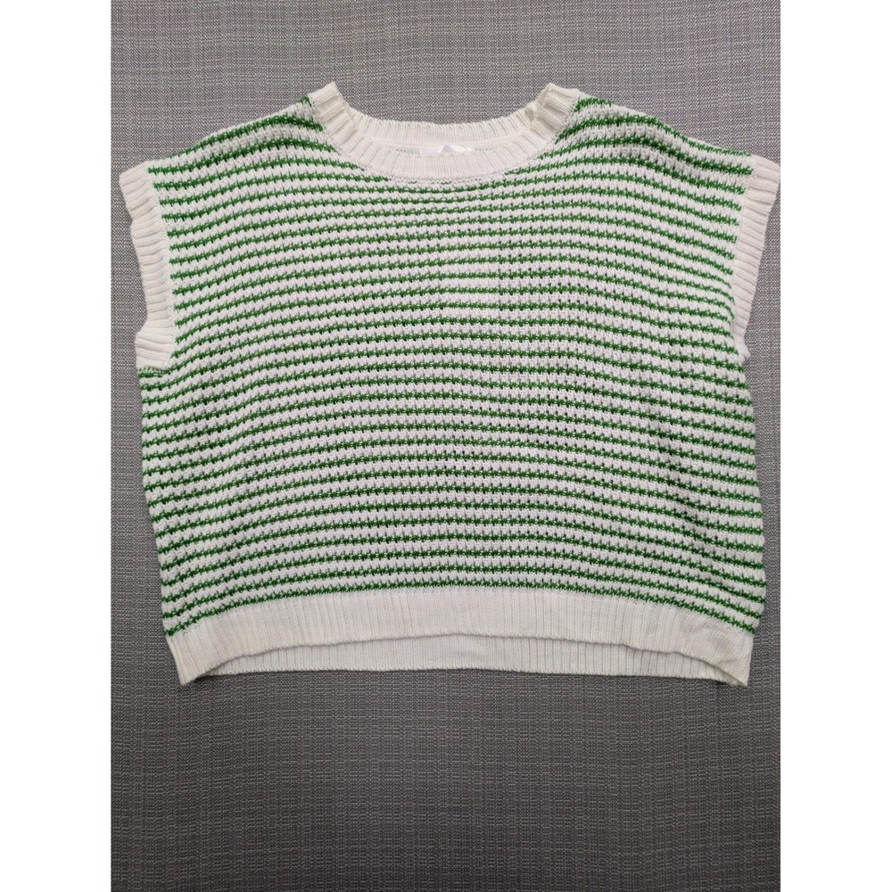 Knit Mix Sweater Vest Womens Large White Green Stripe Crew Neck Waffle Knit